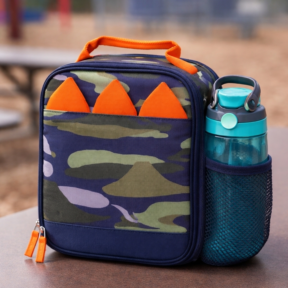 Pottery Barn Kids Dino Spike Lunch Box Blue Camo Insulated School Bag Washable
